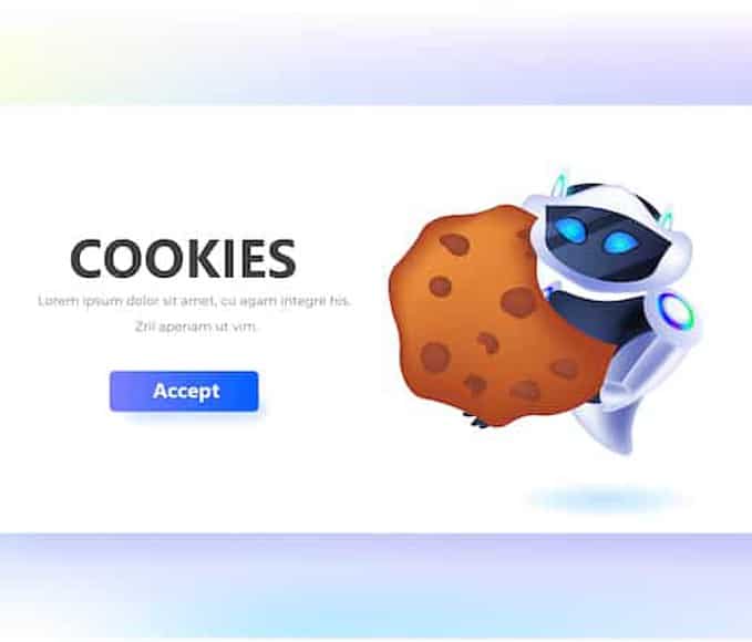 robot holding cookie protection of personal information internet web pop up we use cookies policy notification