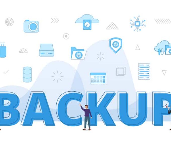 backup concept with big words and people surrounded by related icon with blue color style