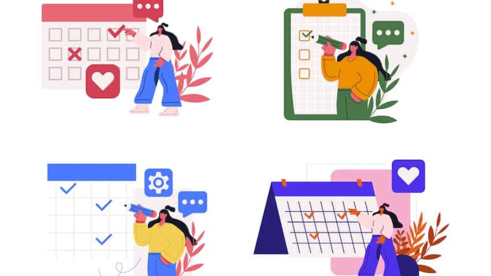 Home - new 34 People making modern check list with pencil and clipboard or business task. Concept of goal achievements planning schedule. Flat vector illustration isolated on white background