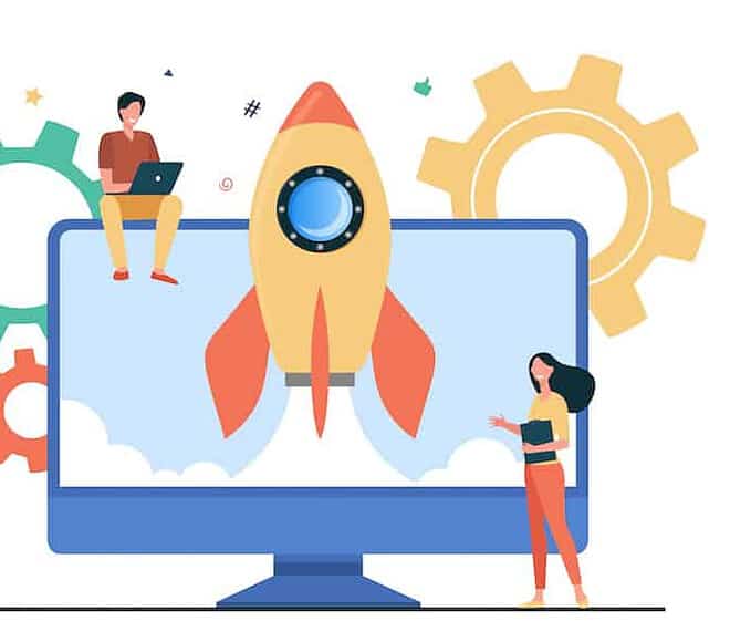 Tiny character launching startup rocket